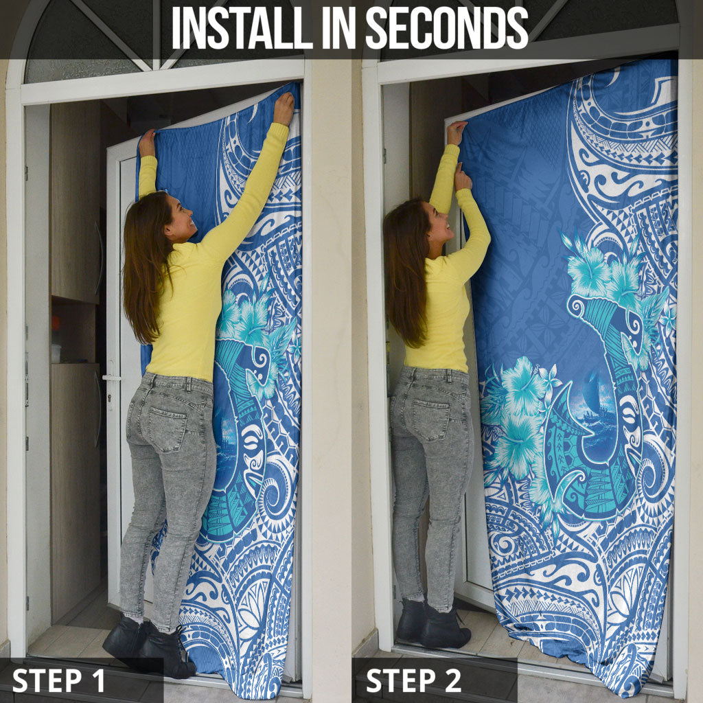Hawaii Discoverers Day Door Cover Polynesian Fish Hook With Hibiscus Blue