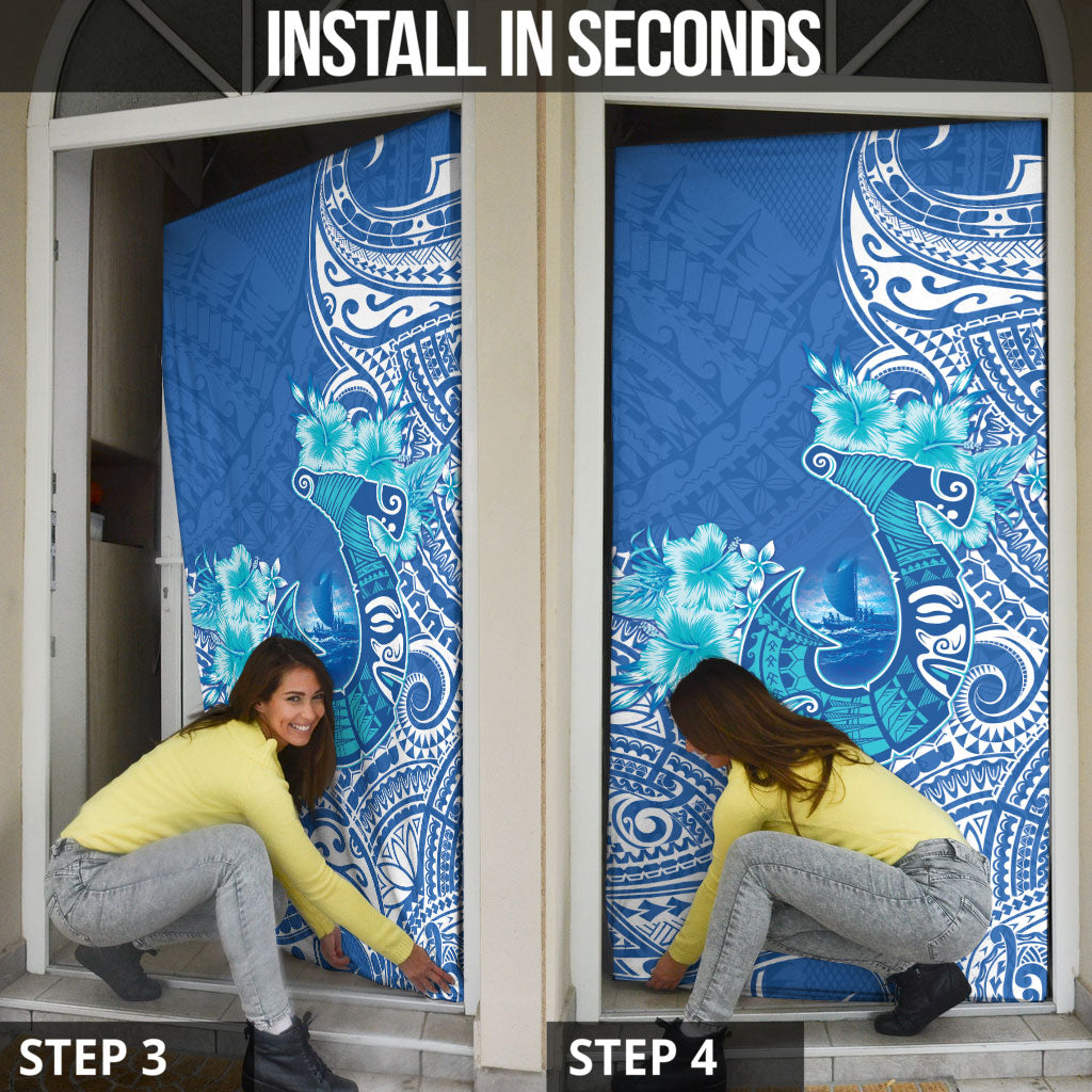 Hawaii Discoverers Day Door Cover Polynesian Fish Hook With Hibiscus Blue