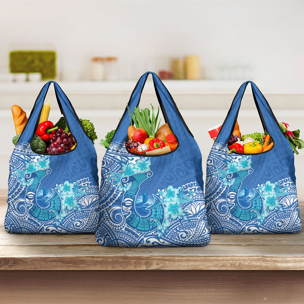 Hawaii Discoverers Day Grocery Bag Polynesian Fish Hook With Hibiscus Blue