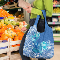Hawaii Discoverers Day Grocery Bag Polynesian Fish Hook With Hibiscus Blue