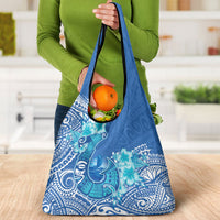Hawaii Discoverers Day Grocery Bag Polynesian Fish Hook With Hibiscus Blue