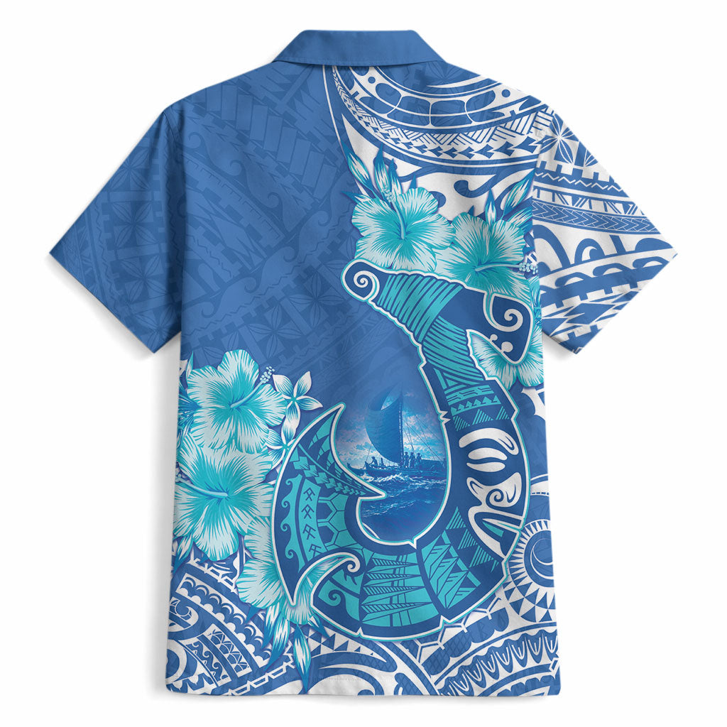 Hawaii Discoverers Day Hawaiian Shirt Polynesian Fish Hook With Hibiscus Blue