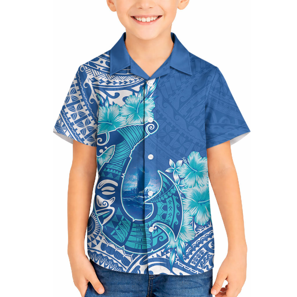 Hawaii Discoverers Day Hawaiian Shirt Polynesian Fish Hook With Hibiscus Blue