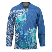 Hawaii Discoverers Day Hockey Jersey Polynesian Fish Hook With Hibiscus Blue