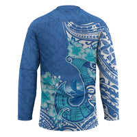 Hawaii Discoverers Day Hockey Jersey Polynesian Fish Hook With Hibiscus Blue