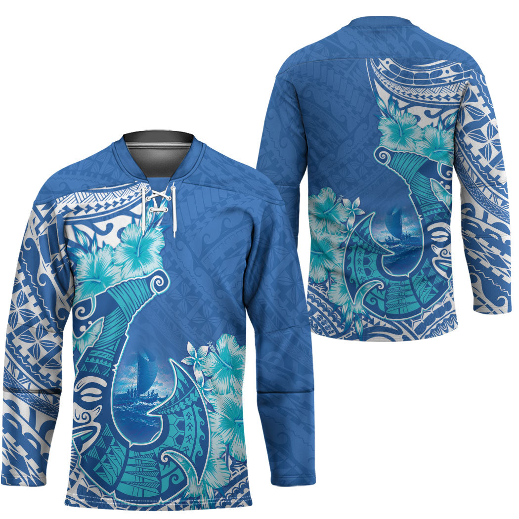 Hawaii Discoverers Day Hockey Jersey Polynesian Fish Hook With Hibiscus Blue