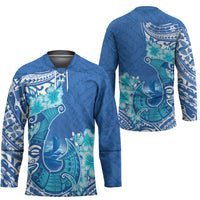 Hawaii Discoverers Day Hockey Jersey Polynesian Fish Hook With Hibiscus Blue