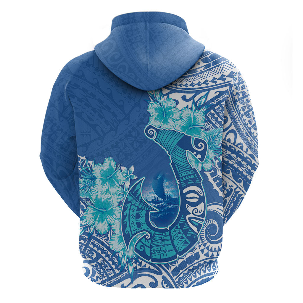 Hawaii Discoverers Day Hoodie Polynesian Fish Hook With Hibiscus Blue