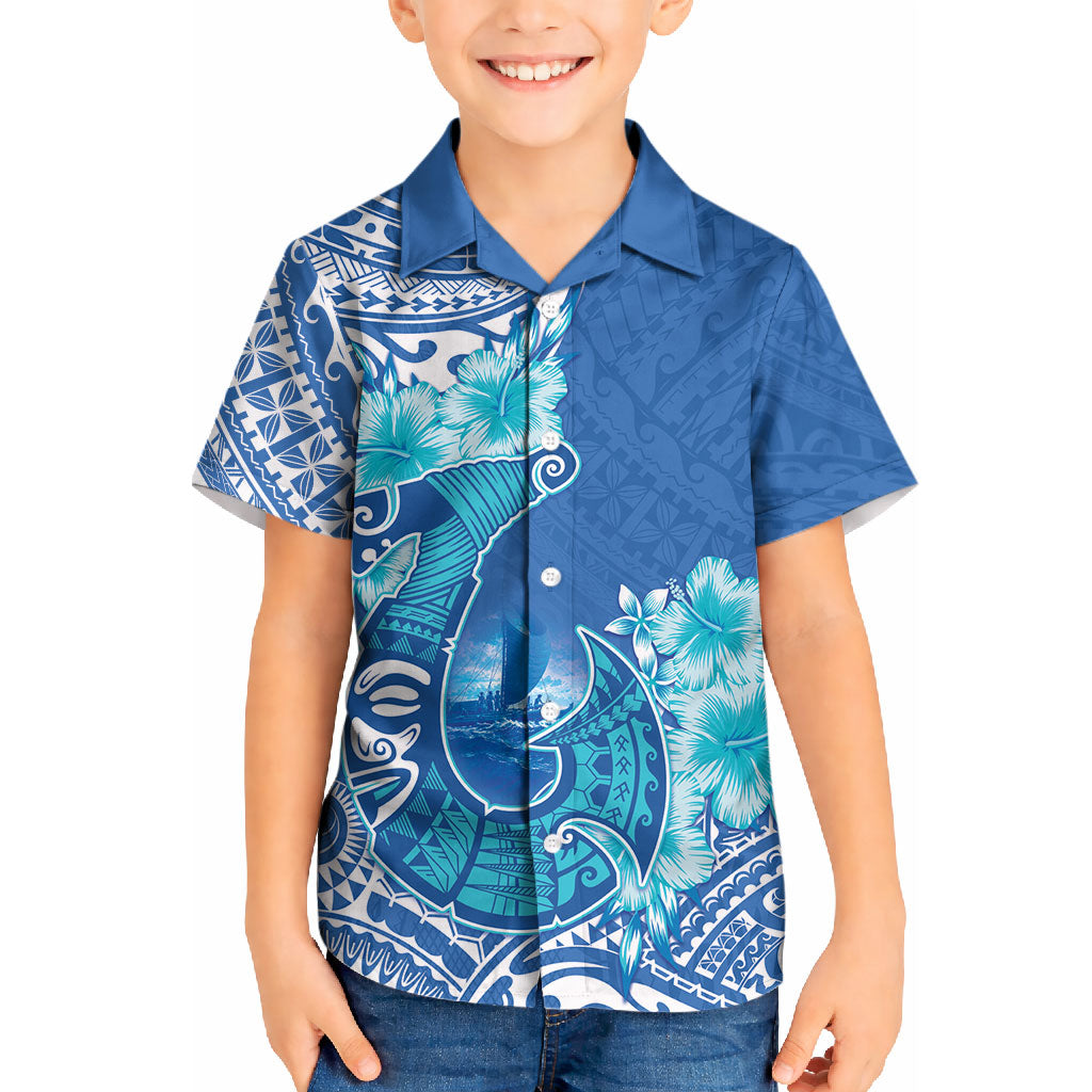 Hawaii Discoverers Day Kid Hawaiian Shirt Polynesian Fish Hook With Hibiscus Blue