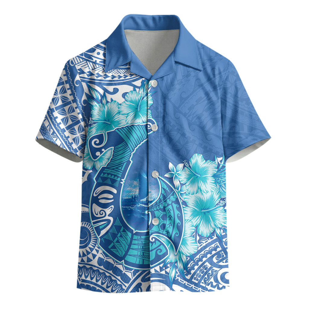 Hawaii Discoverers Day Kid Hawaiian Shirt Polynesian Fish Hook With Hibiscus Blue