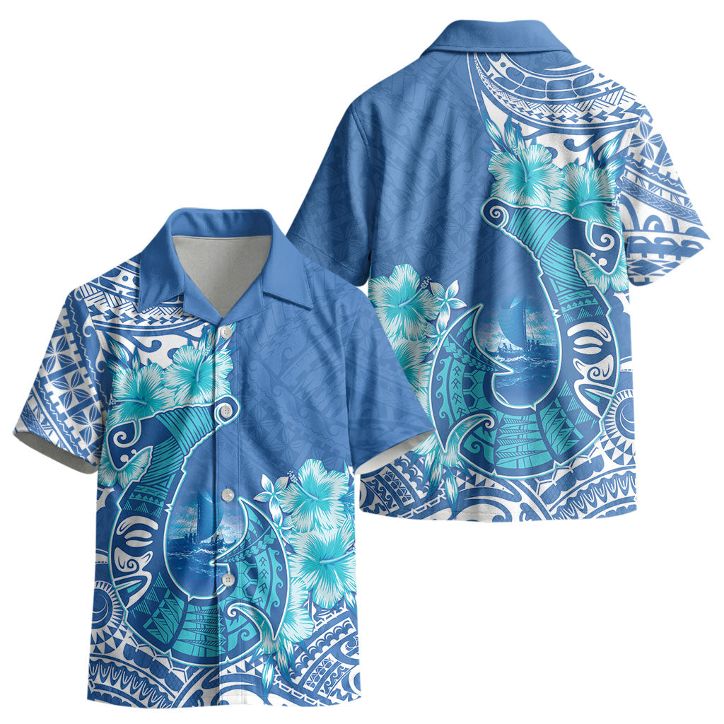 Hawaii Discoverers Day Kid Hawaiian Shirt Polynesian Fish Hook With Hibiscus Blue