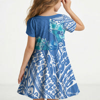 Hawaii Discoverers Day Kid Short Sleeve Dress Polynesian Fish Hook With Hibiscus Blue