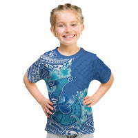 Hawaii Discoverers Day Kid T Shirt Polynesian Fish Hook With Hibiscus Blue