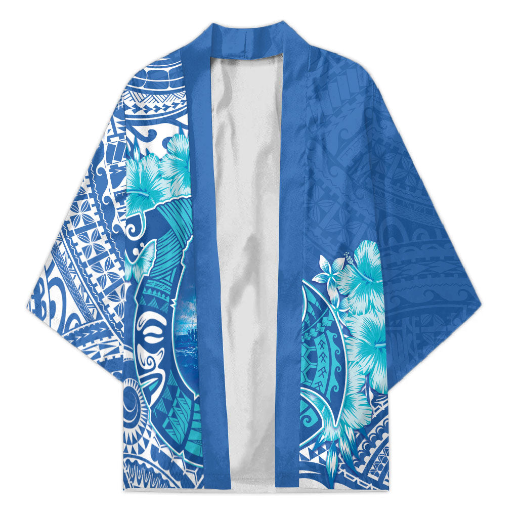 Hawaii Discoverers Day Kimono Polynesian Fish Hook With Hibiscus Blue