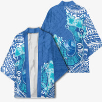 Hawaii Discoverers Day Kimono Polynesian Fish Hook With Hibiscus Blue