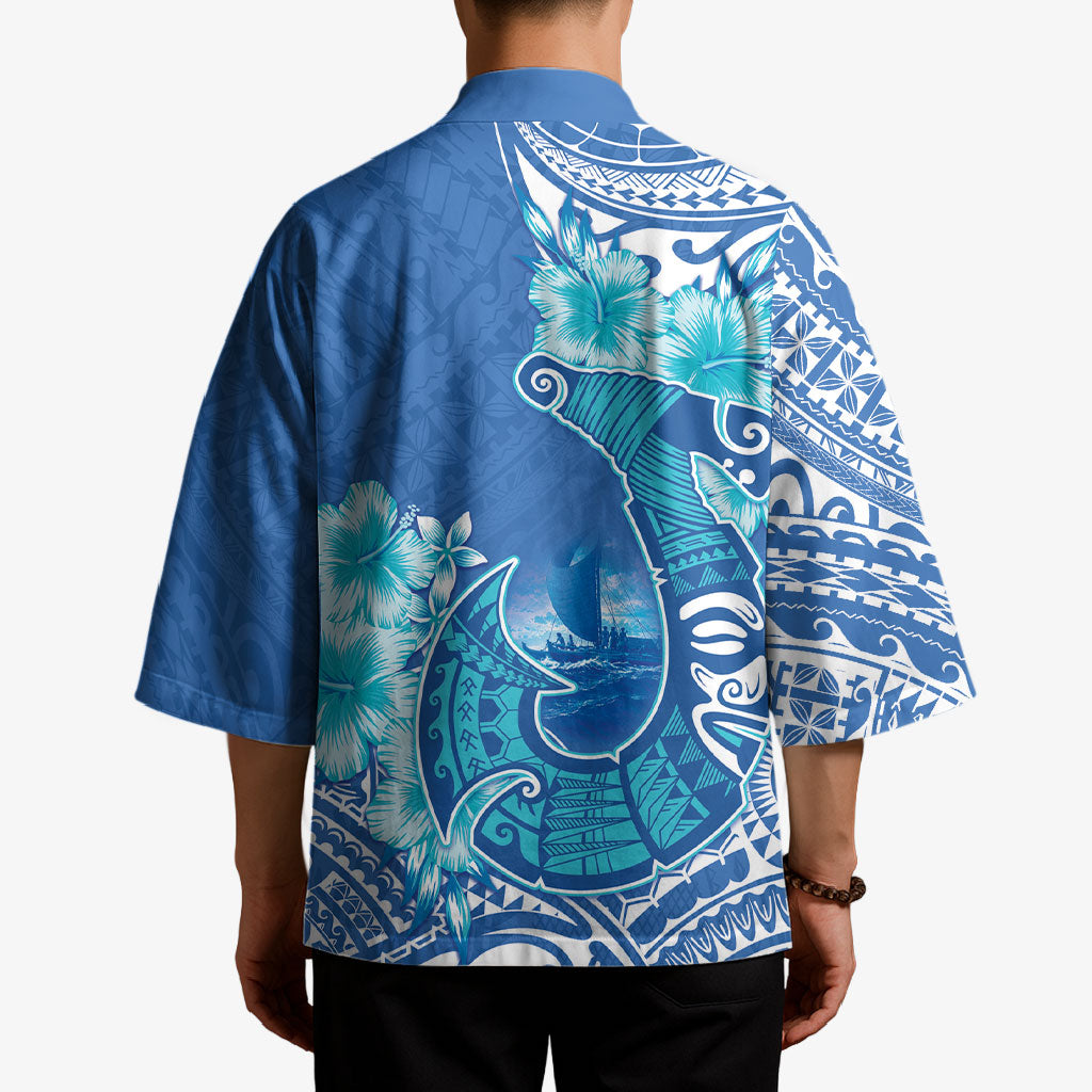 Hawaii Discoverers Day Kimono Polynesian Fish Hook With Hibiscus Blue