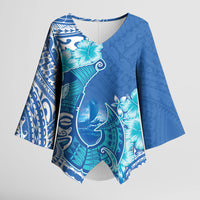 Hawaii Discoverers Day Kimono Sleeve Blouse Polynesian Fish Hook With Hibiscus Blue