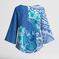 Hawaii Discoverers Day Kimono Sleeve Blouse Polynesian Fish Hook With Hibiscus Blue