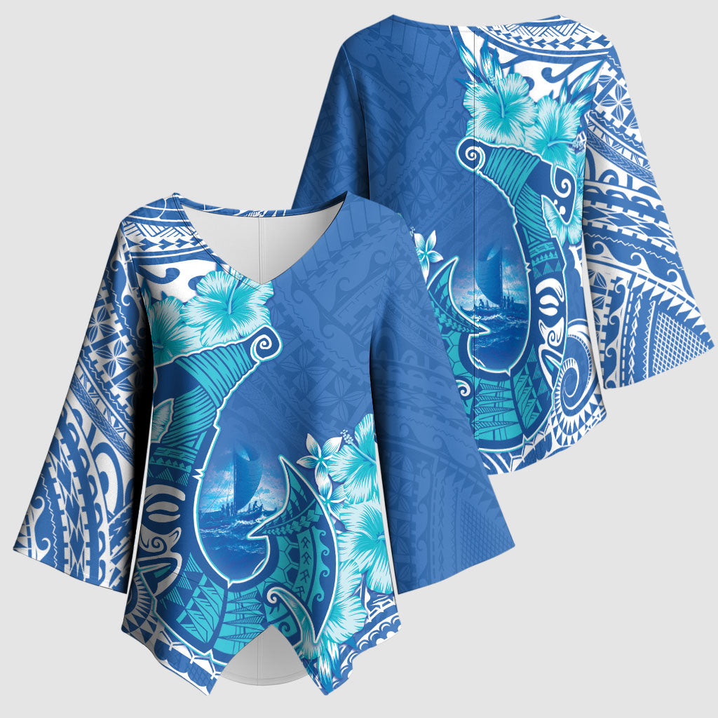 Hawaii Discoverers Day Kimono Sleeve Blouse Polynesian Fish Hook With Hibiscus Blue