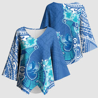 Hawaii Discoverers Day Kimono Sleeve Blouse Polynesian Fish Hook With Hibiscus Blue