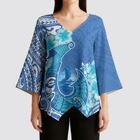Hawaii Discoverers Day Kimono Sleeve Blouse Polynesian Fish Hook With Hibiscus Blue