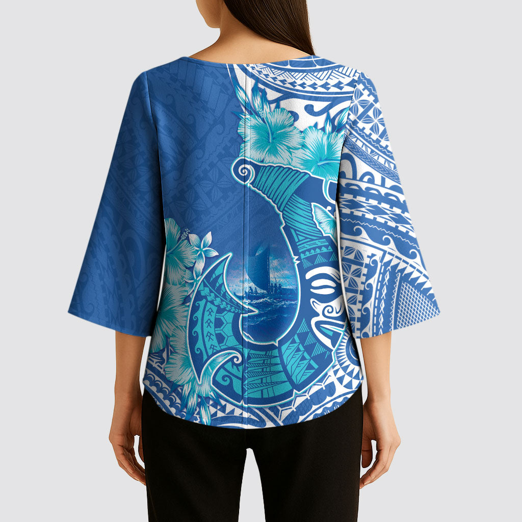 Hawaii Discoverers Day Kimono Sleeve Blouse Polynesian Fish Hook With Hibiscus Blue