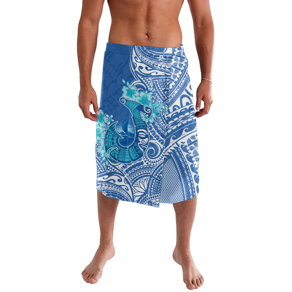 Hawaii Discoverers Day Lavalava Polynesian Fish Hook With Hibiscus Blue