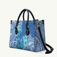 Hawaii Discoverers Day Leather Bag Polynesian Fish Hook With Hibiscus Blue