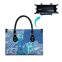 Hawaii Discoverers Day Leather Bag Polynesian Fish Hook With Hibiscus Blue