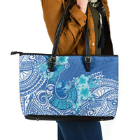 Hawaii Discoverers Day Leather Tote Bag Polynesian Fish Hook With Hibiscus Blue