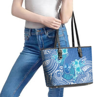Hawaii Discoverers Day Leather Tote Bag Polynesian Fish Hook With Hibiscus Blue