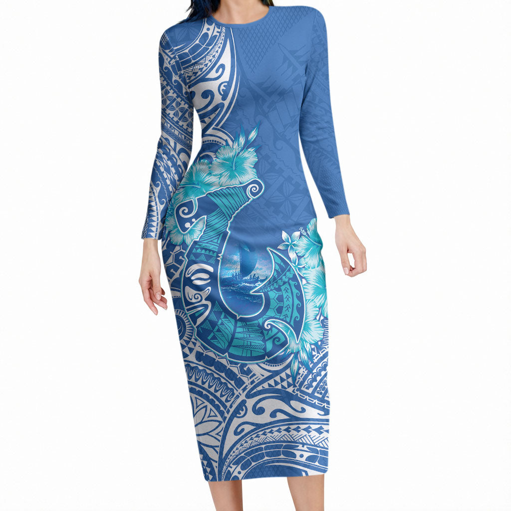 Hawaii Discoverers Day Long Sleeve Bodycon Dress Polynesian Fish Hook With Hibiscus Blue