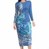 Hawaii Discoverers Day Long Sleeve Bodycon Dress Polynesian Fish Hook With Hibiscus Blue