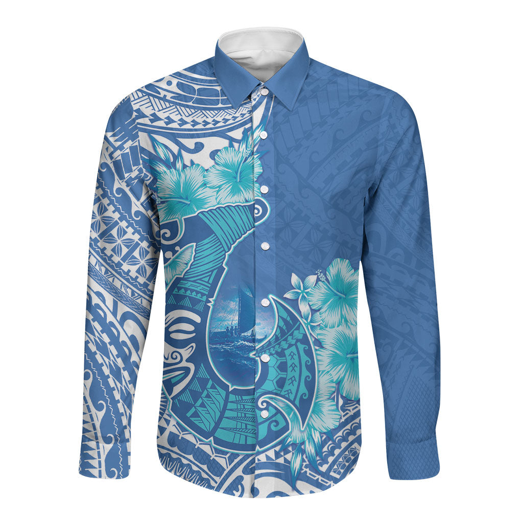 Hawaii Discoverers Day Long Sleeve Button Shirt Polynesian Fish Hook With Hibiscus Blue