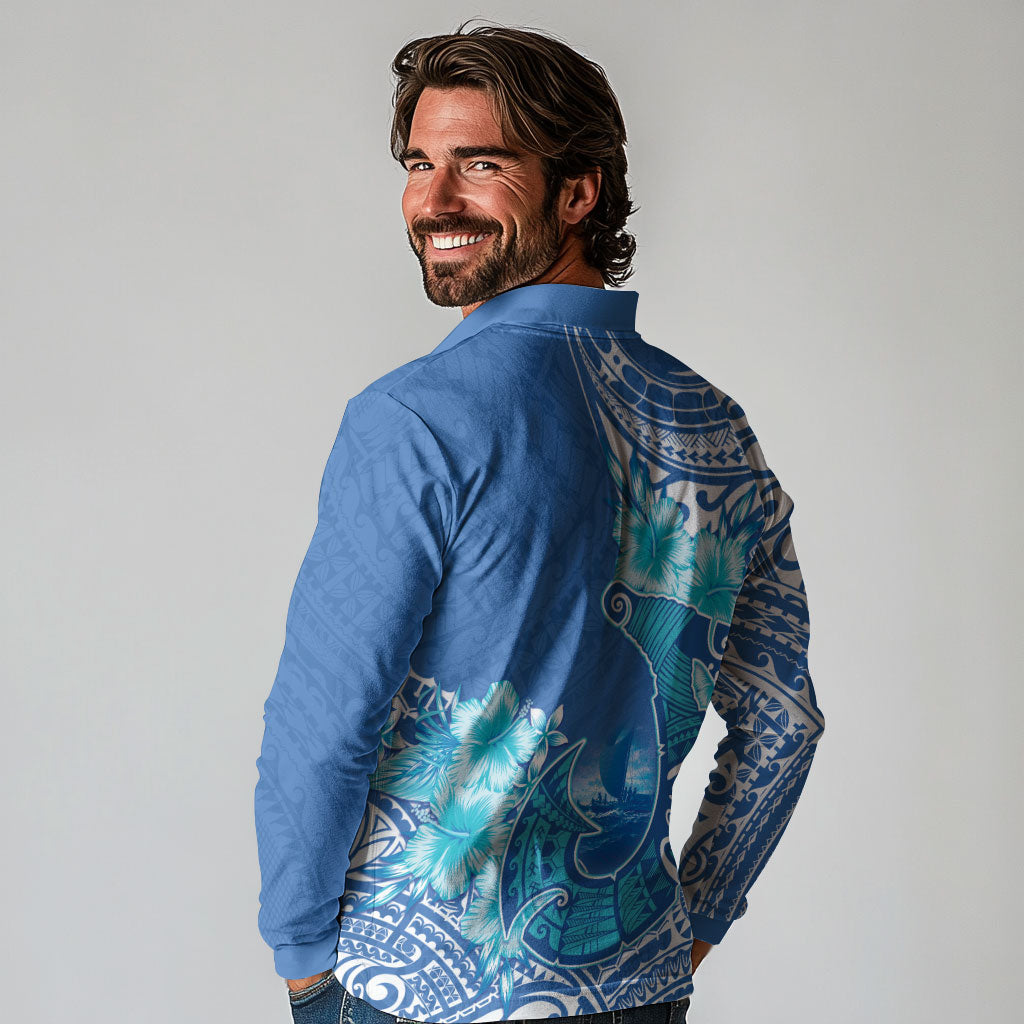 Hawaii Discoverers Day Long Sleeve Polo Shirt Polynesian Fish Hook With Hibiscus Blue