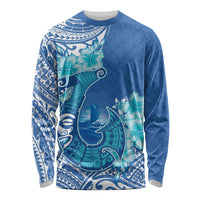 Hawaii Discoverers Day Long Sleeve Shirt Polynesian Fish Hook With Hibiscus Blue