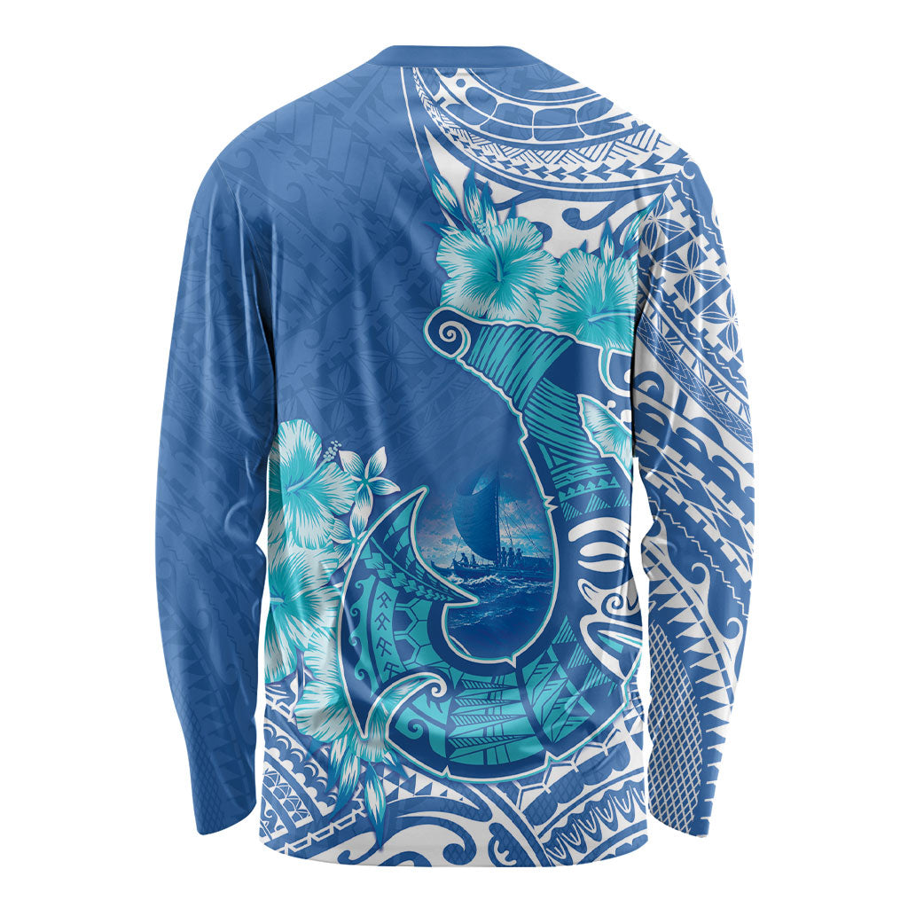 Hawaii Discoverers Day Long Sleeve Shirt Polynesian Fish Hook With Hibiscus Blue