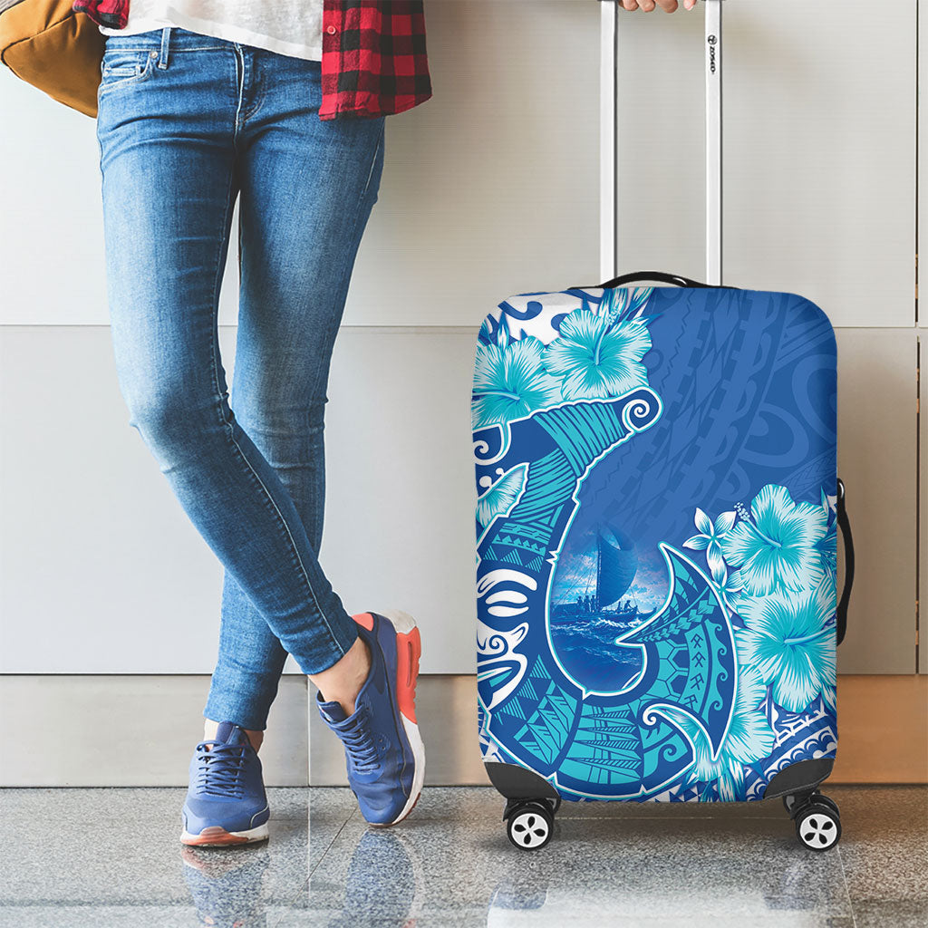 Hawaii Discoverers Day Luggage Cover Polynesian Fish Hook With Hibiscus Blue