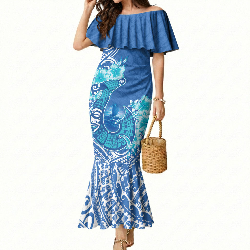 Hawaii Discoverers Day Mermaid Dress Polynesian Fish Hook With Hibiscus Blue