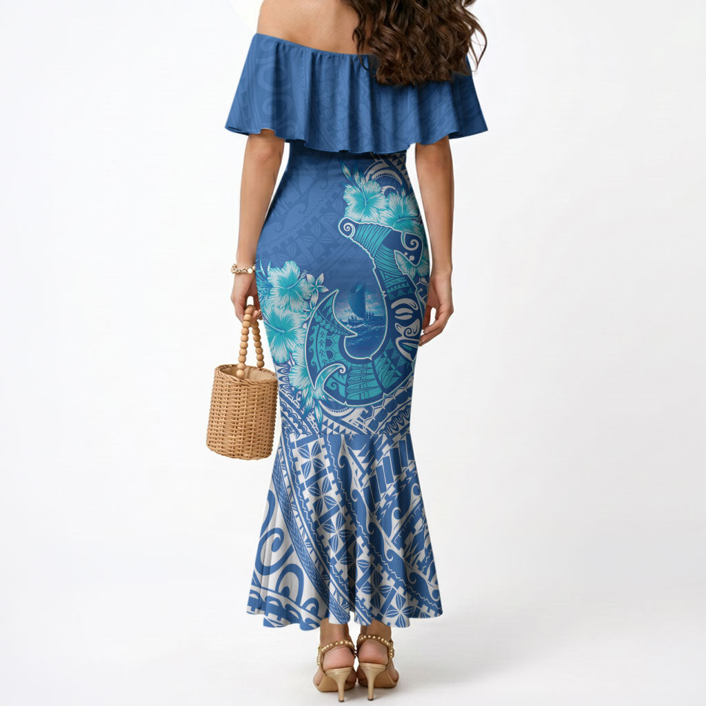 Hawaii Discoverers Day Mermaid Dress Polynesian Fish Hook With Hibiscus Blue