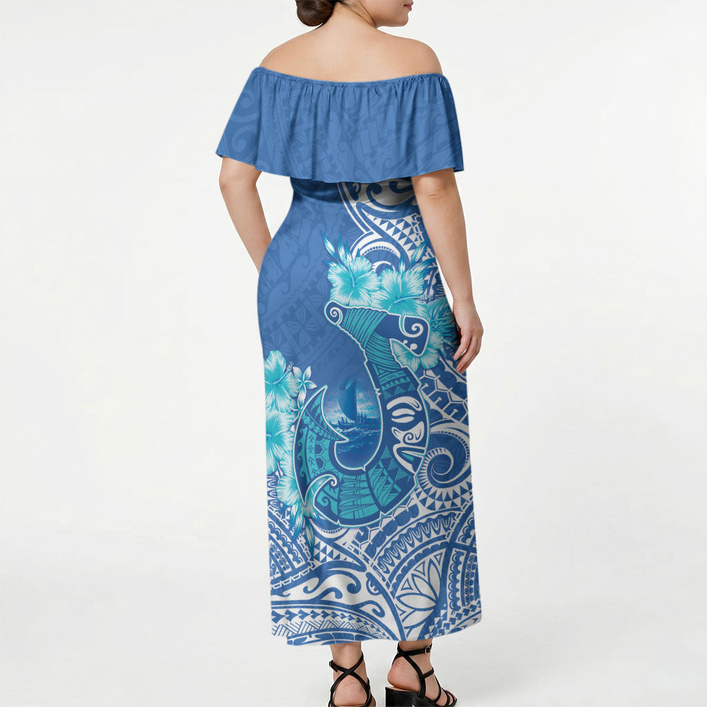 Hawaii Discoverers Day Off Shoulder Maxi Dress Polynesian Fish Hook With Hibiscus Blue