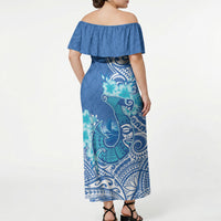 Hawaii Discoverers Day Off Shoulder Maxi Dress Polynesian Fish Hook With Hibiscus Blue