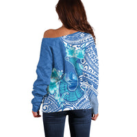 Hawaii Discoverers Day Off Shoulder Sweater Polynesian Fish Hook With Hibiscus Blue