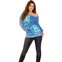 Hawaii Discoverers Day Off Shoulder Sweater Polynesian Fish Hook With Hibiscus Blue