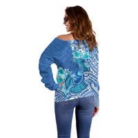 Hawaii Discoverers Day Off Shoulder Sweater Polynesian Fish Hook With Hibiscus Blue