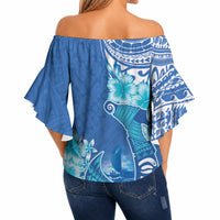 Hawaii Discoverers Day Off Shoulder Wrap Waist Top Polynesian Fish Hook With Hibiscus Blue