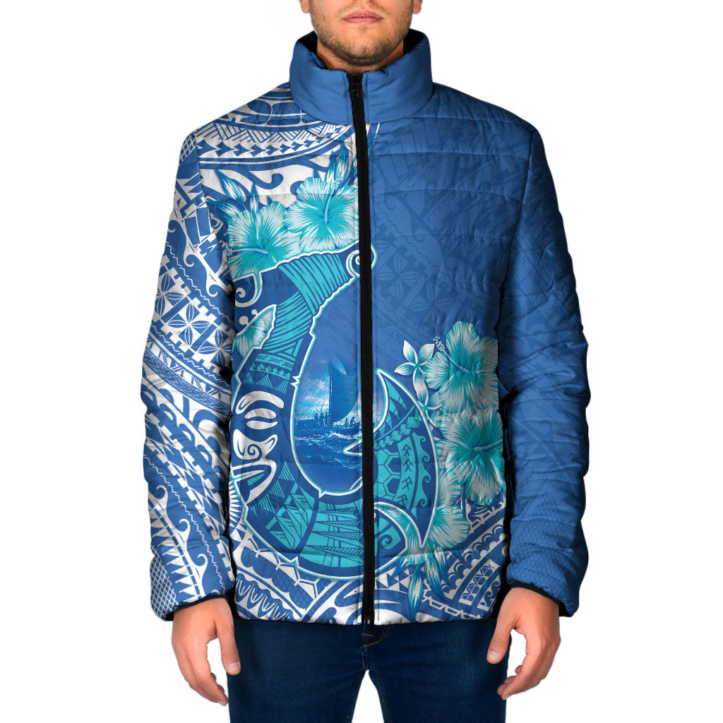 Hawaii Discoverers Day Padded Jacket Polynesian Fish Hook With Hibiscus Blue