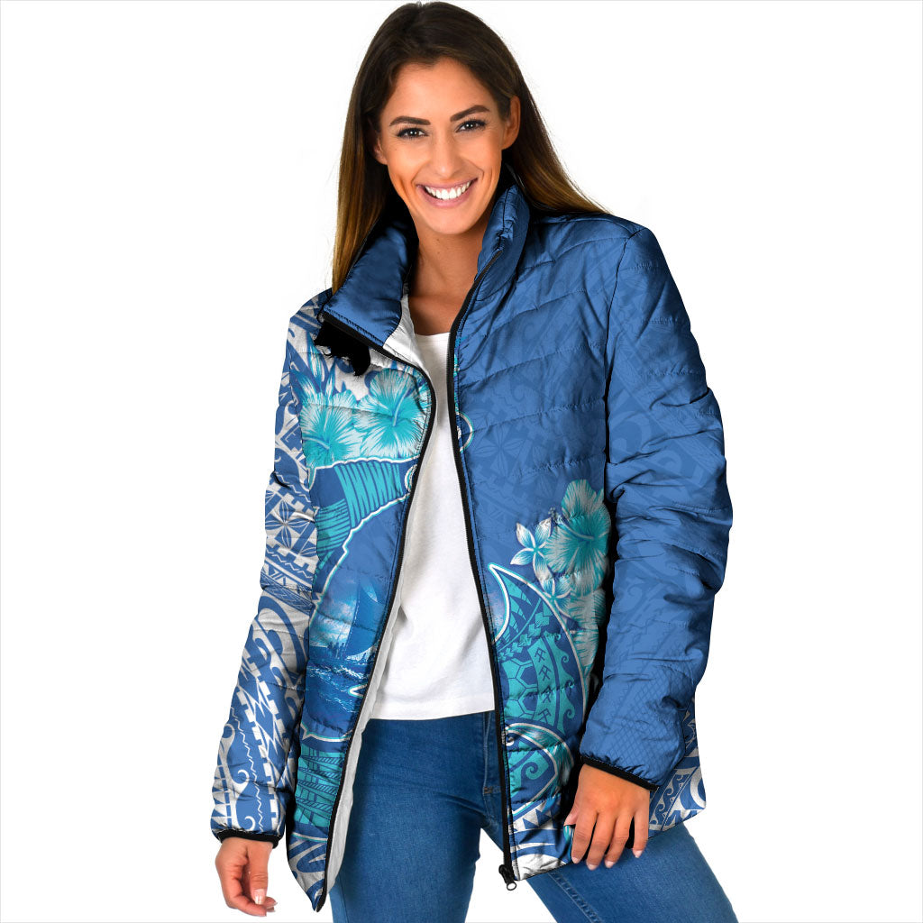 Hawaii Discoverers Day Padded Jacket Polynesian Fish Hook With Hibiscus Blue