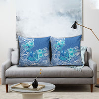 Hawaii Discoverers Day Pillow Cover Polynesian Fish Hook With Hibiscus Blue