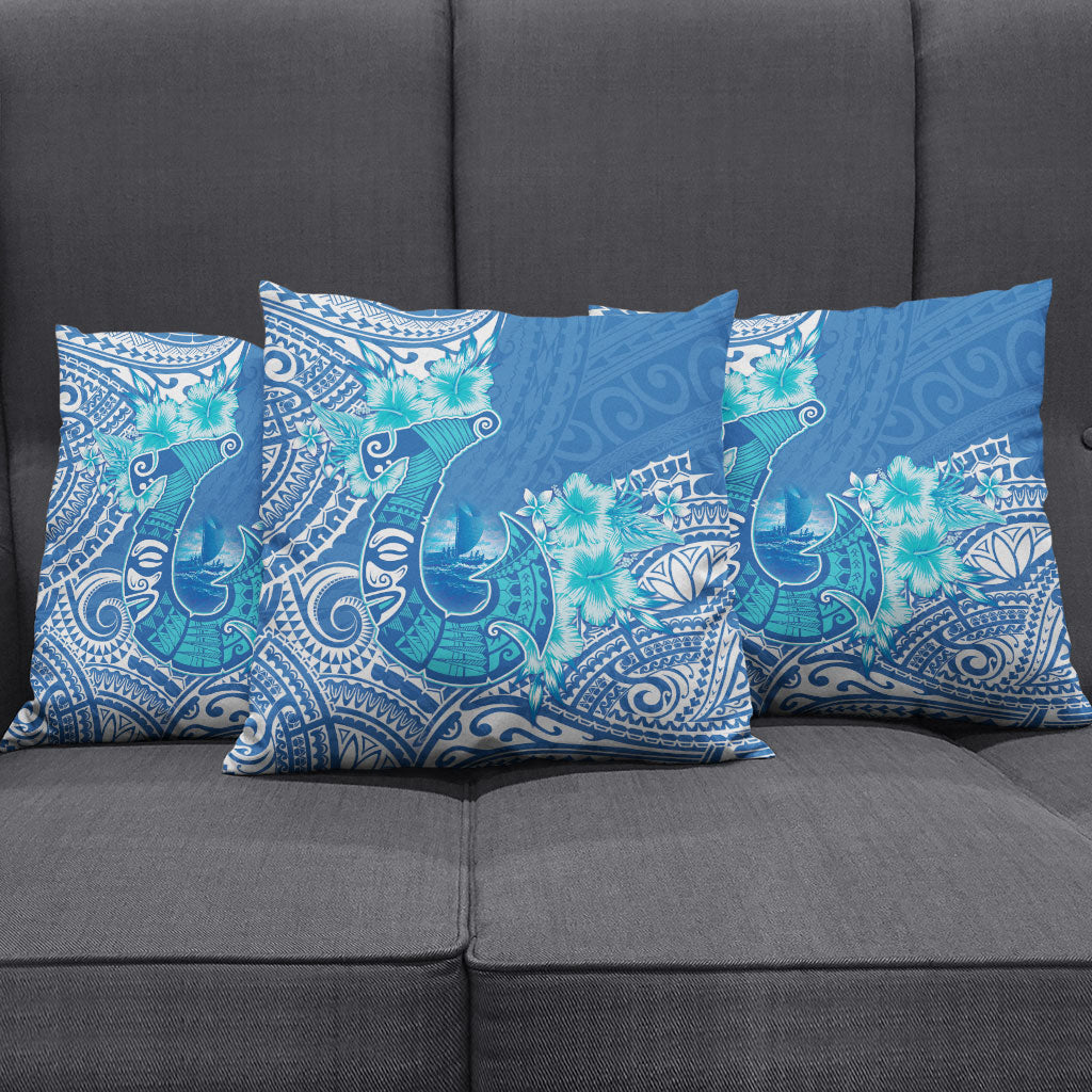 Hawaii Discoverers Day Pillow Cover Polynesian Fish Hook With Hibiscus Blue